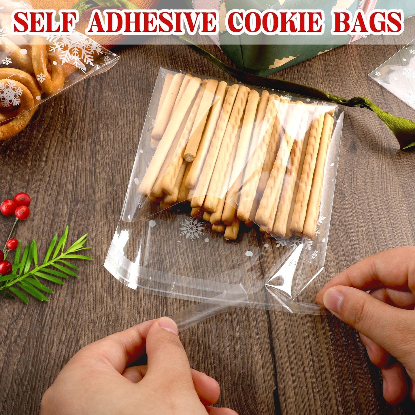 200 PCS Christmas Snowflake Cellophane Cookie Bags – 5.5x5.5 Inch Self-Adhesive Clear Treat Bags for Cookies, Candy, Bakery Goods, Party Favors & Holiday Gift Packaging