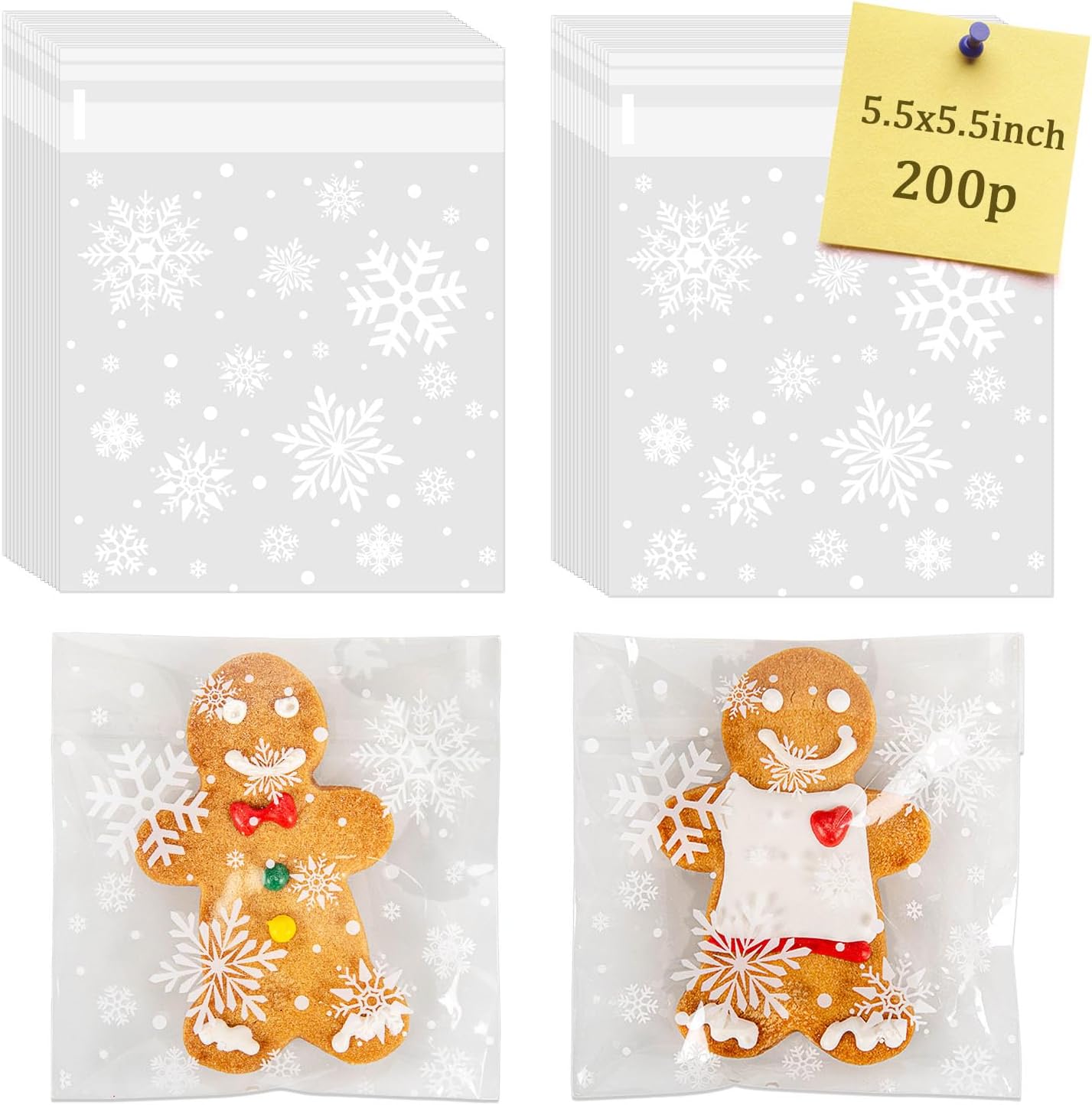 200 PCS Christmas Snowflake Cellophane Cookie Bags – 5.5x5.5 Inch Self-Adhesive Clear Treat Bags for Cookies, Candy, Bakery Goods, Party Favors & Holiday Gift Packaging