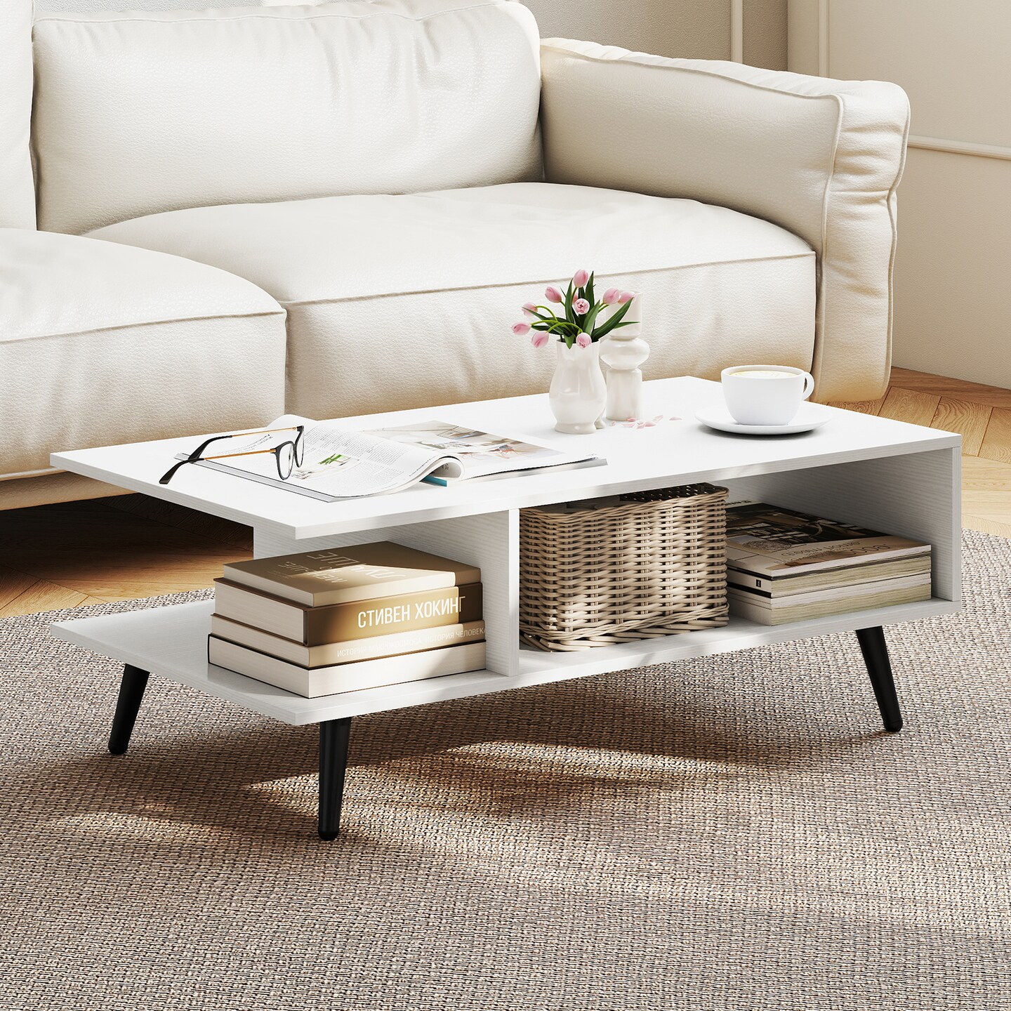 2-Tier Mid Century Modern Coffee Table with Storage and Open ...