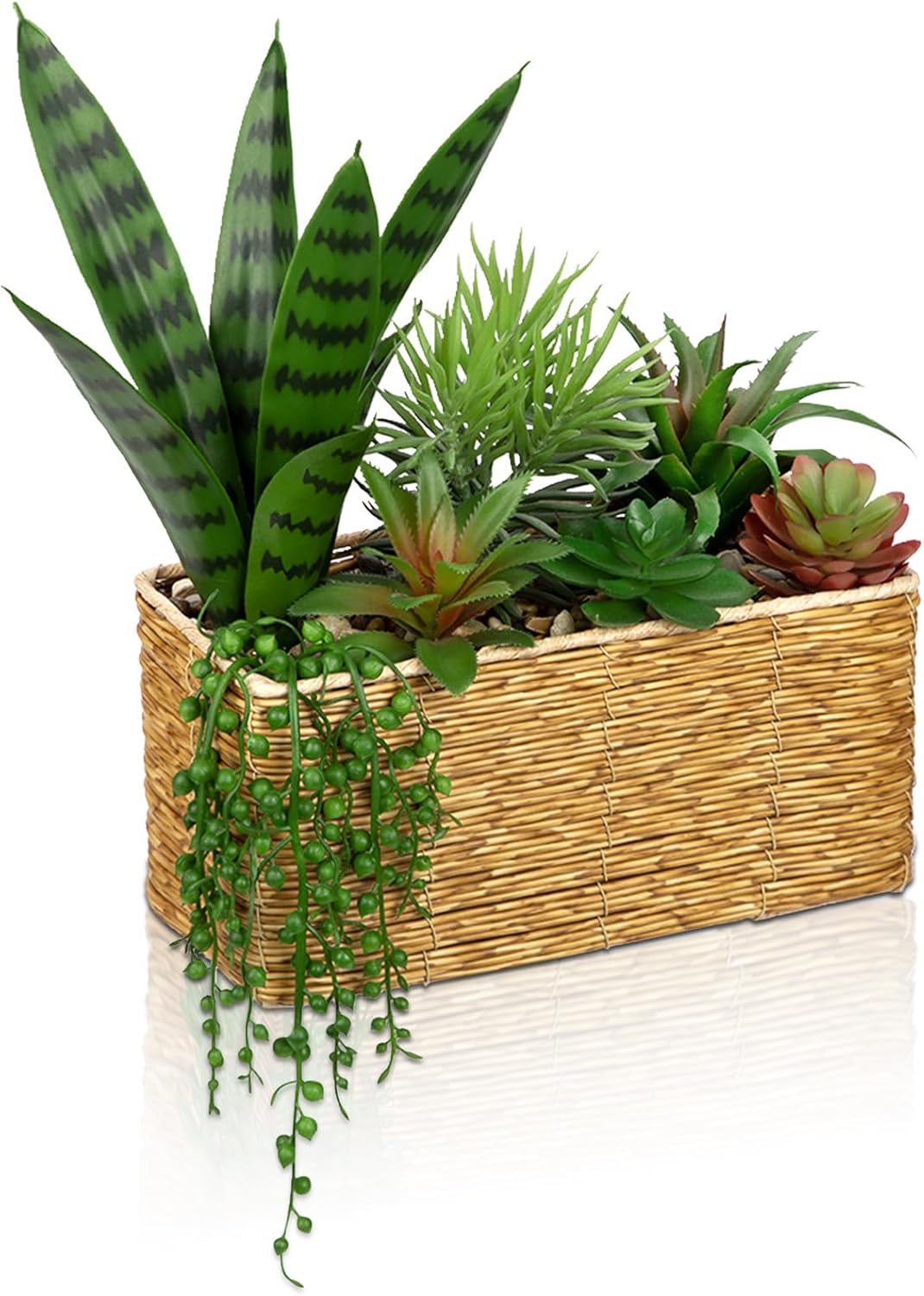 Artificial Succulent Plant Arrangement Centerpiece Assorted Fake Snake Succulents in Rectangular Woven Basket 12" Faux Potted Succulents for Indoor Home Office Table Windowsill Shelf Decor