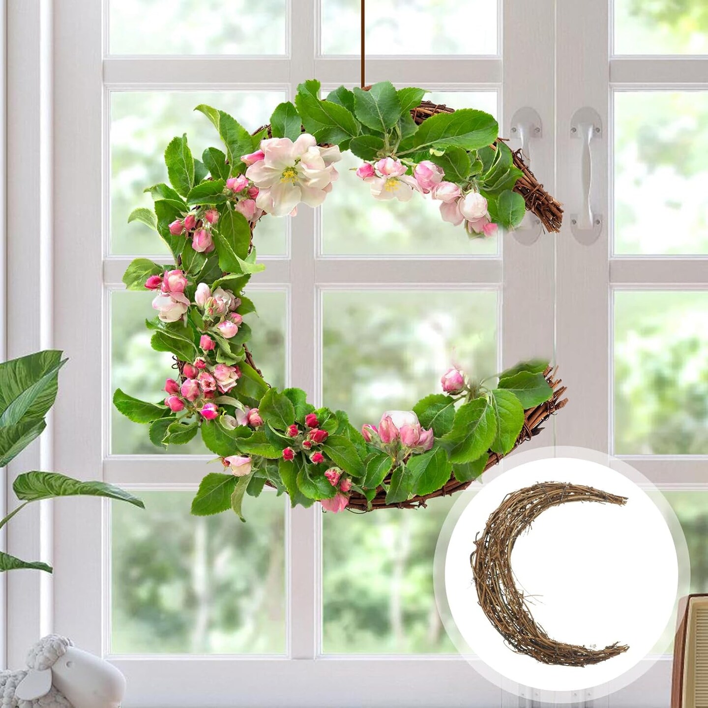 Natural Grapevine Wreath frame, Moon Shape Rattan Ring - Vine Branch Garland for DIY Crafts Flower Arrangement Wedding Holiday Decor Party Supplies