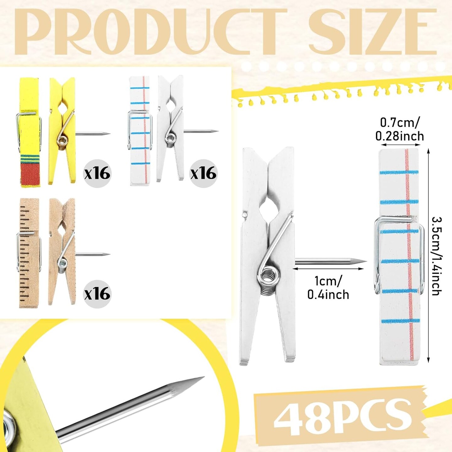 48 Pcs Pencil Ruler Colorful Push Pin with Wooden Clips Teacher Cork Board Artworks Decorative Pushpins Tacks for Classroom Photo Clips for Teacher Office Homes Supplies