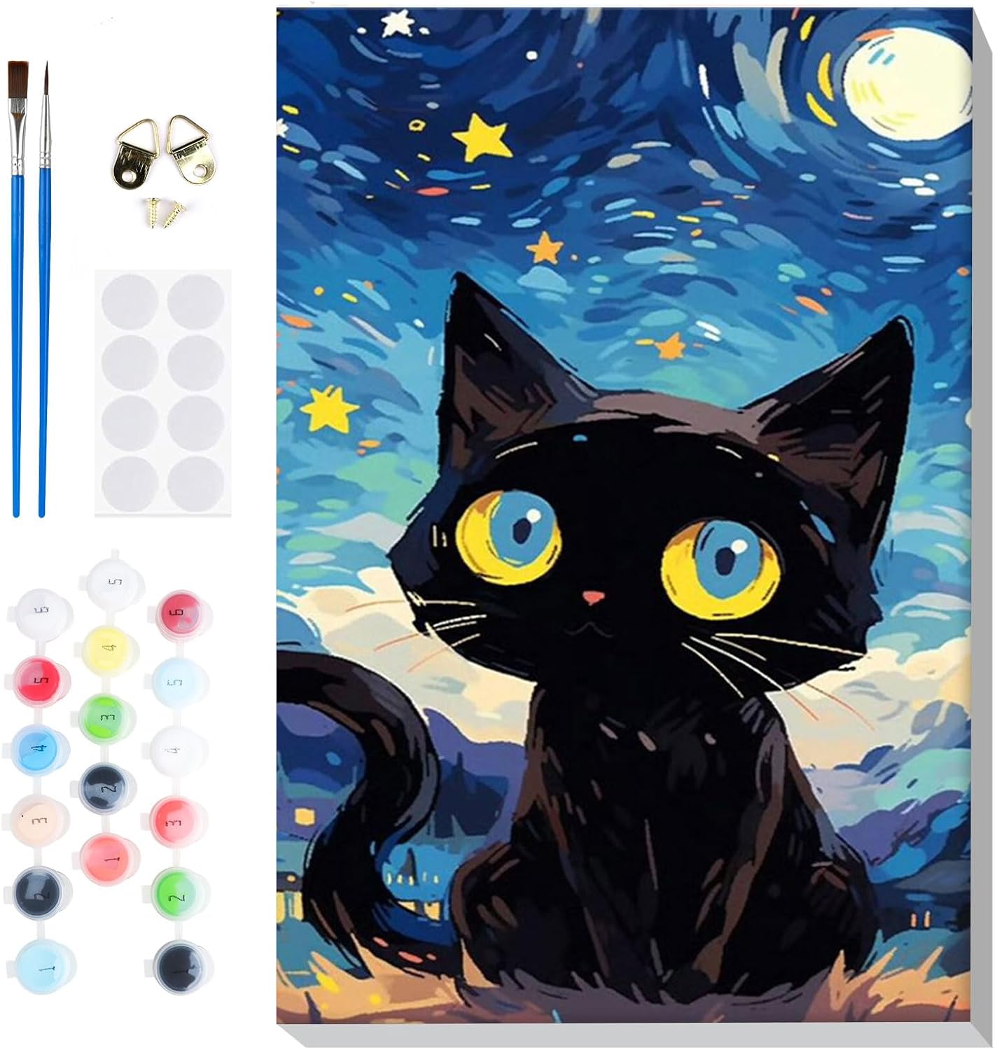 Starry Night Cat Paint by Numbers Kit for Adults – Framed DIY Canvas, 8x12 Inch