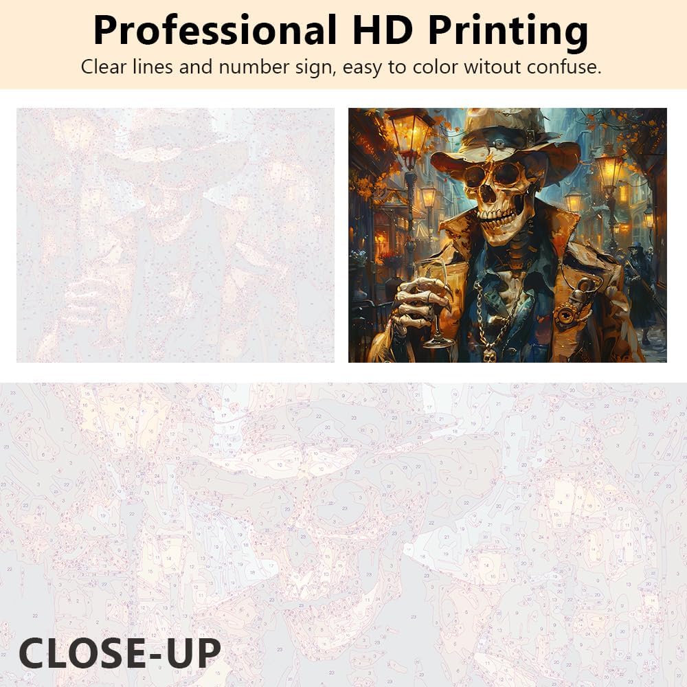 Skull Paint by Number, Colorful Skeleton Detective Oil Painting for Adult with Brushes and Pigment, Skull Detective Paint by Numbers for Wall Decoration, 16x20 Inch, Frameless