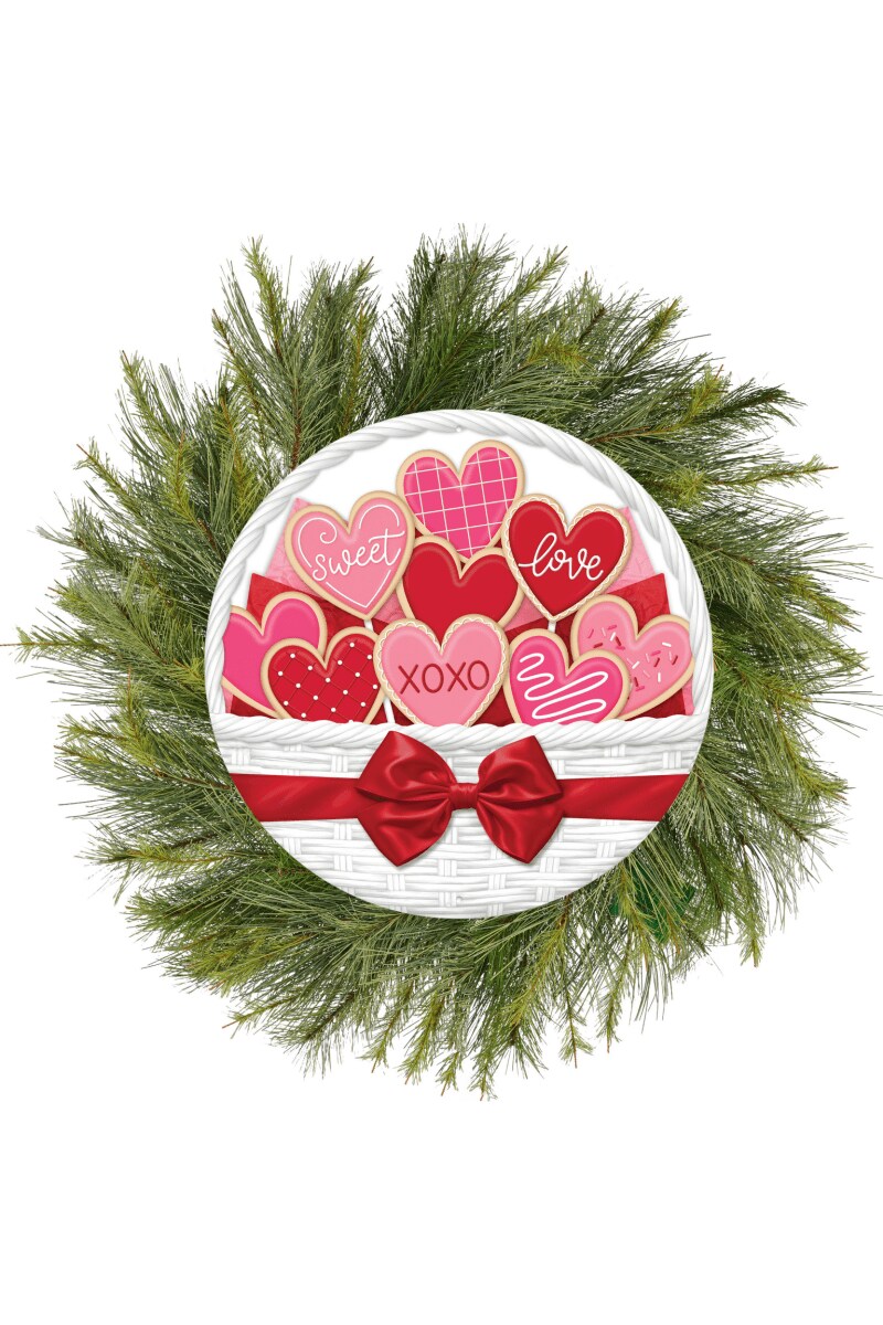 12&#x22; Round Metal Sign: Basket Valentine Cookies