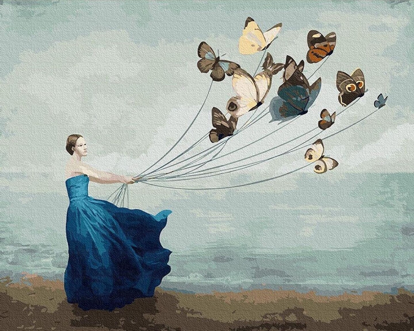 Paint by Numbers for Adults, DIY Oil Painting by Number Kits, Butterfly & Lady at Seaside, 16 x 20 inch (Flying Butterflies, without Frame)