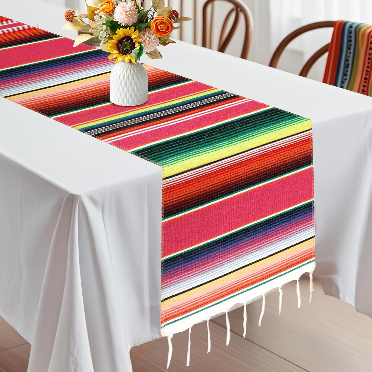 Mexican Table Runner 14&#x201D; x 84&#x201D; Fiesta Mexican Theme Party Decoration for Cinco De Mayo Party Decorations Rainbow Colors Large Boho Wedding Decorations Outdoor Picnics Dining Table Home Party Decor