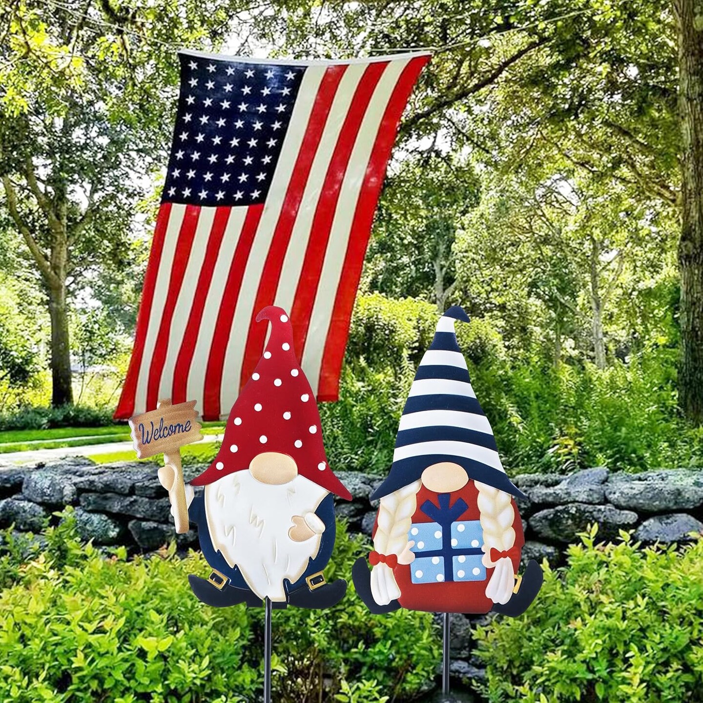 2 Pcs Memorial Day Patriotic Gnome Garden Decor, 4th of July Decorations for Outdoor Metal Yard Art Sign, Decorative Garden Stake for Lawn, Independence Day Gifts 23.2''