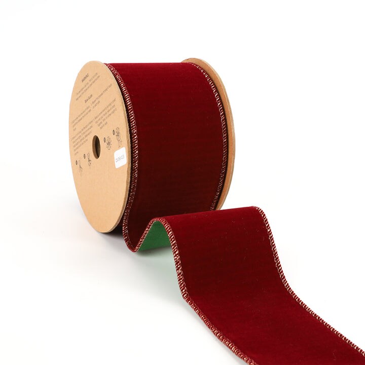 LaRibbons 2 1/2" Reversible Flat Velvet/Lurex Wired Ribbon | Cranberry/Green | 10 Yard Roll