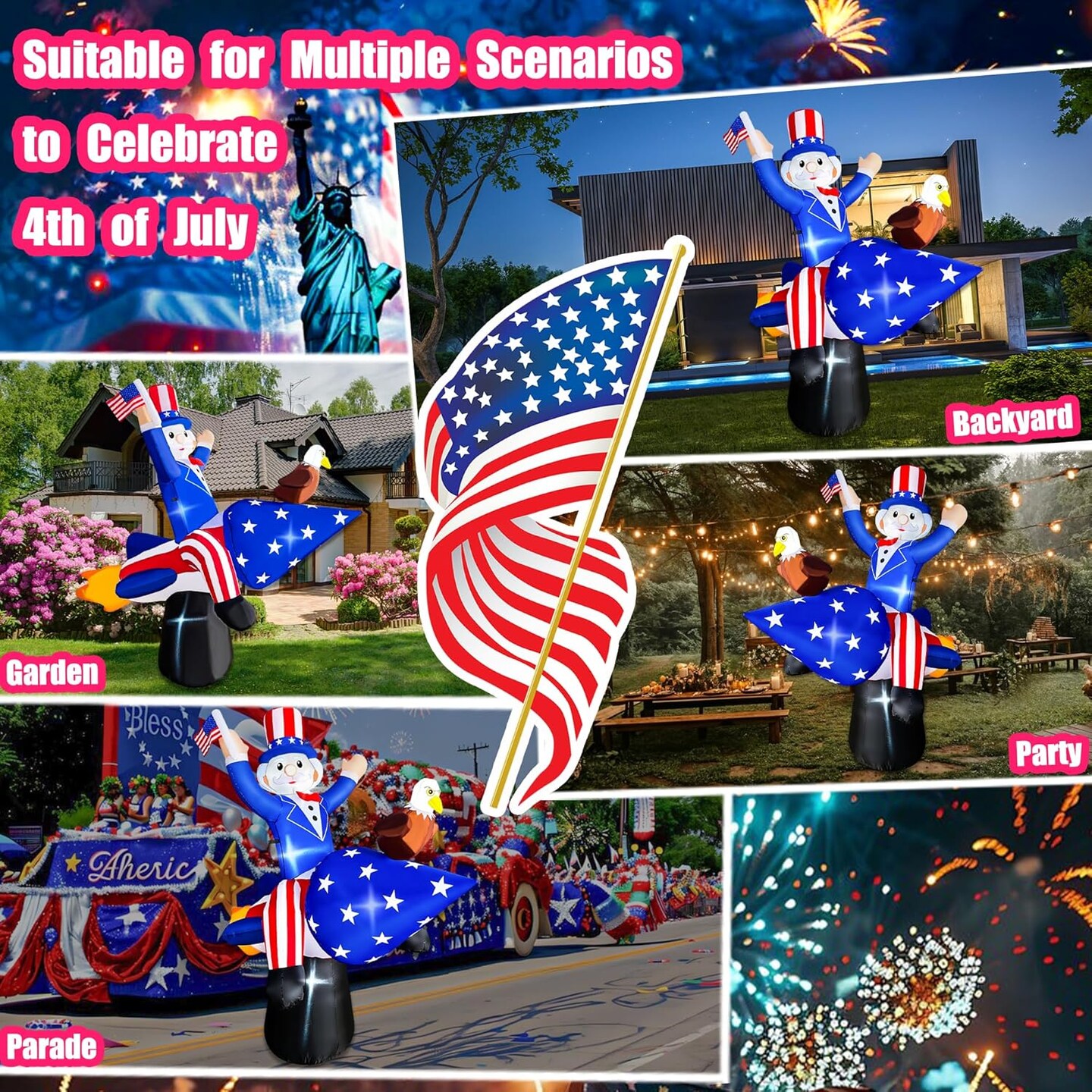 4th of July Inflatables 6 FT Inflatable Uncle Sam and Eagle on Rocket Independence Day Decorations Patriotic 4th of July Blow Up for Home Yard Lawn Garden Indoor Outdoor Memorial Day Decor