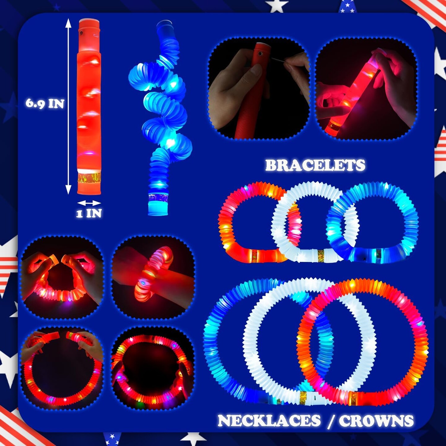 4th Fourth of July Kids Glow Sticks Toys Gifts 6 PCS,Red White Blue Party Favors Supplies,Light Up Bracelets Necklaces Accessories for Toddlers,Patriotic Goodie Treats Decor for Independence Day