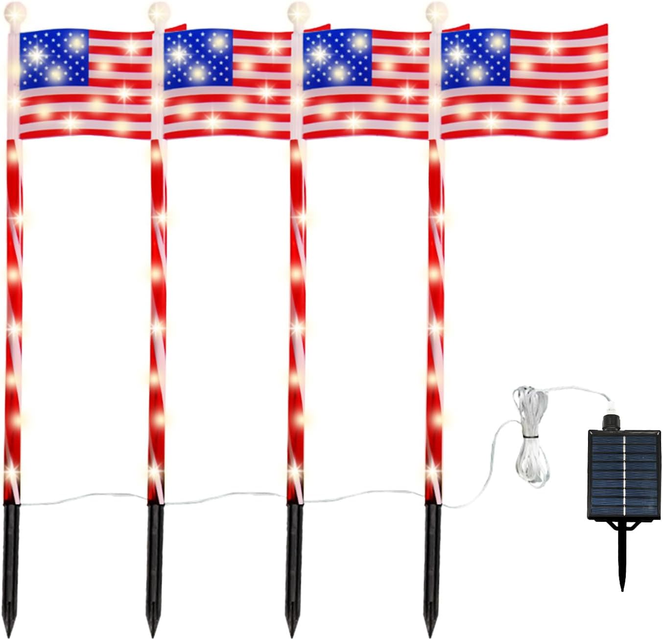 4 Pack Solar American Flag Lights - Outdoor 4th of July Yard Decorations, 1200mAh Garden Flag Lights, 27in Waterproof USA Flag Pathway Light,Independence Day & Memorial Day Lawn Decor
