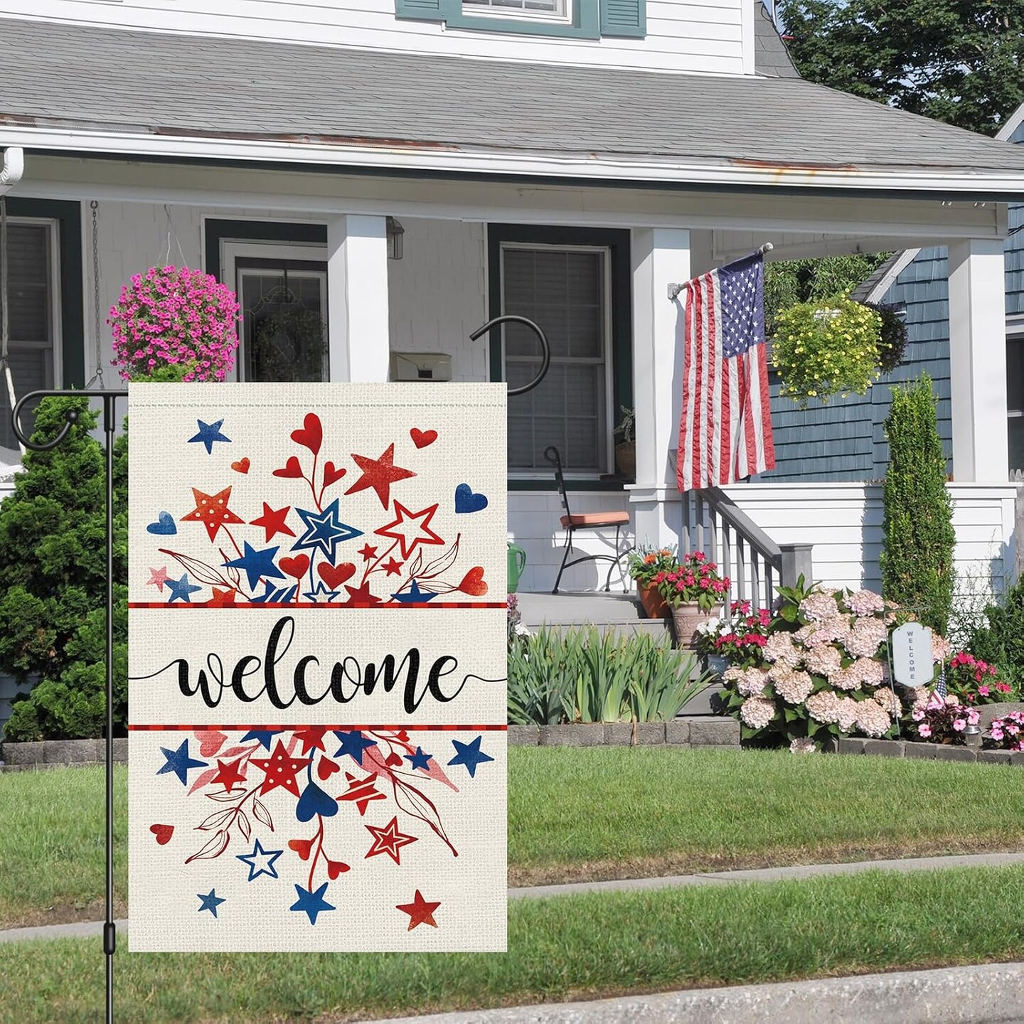 Welcome 4th of July Patriotic Garden Flag 12x18 Double Sided Burlap, Memorial Day Star Heart Pattern Yard Flags for Rustic Independence Day Outdoor Decor (ONLY FLAG)