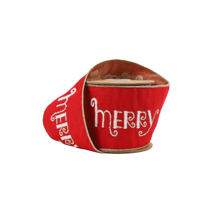 LaRibbons 4" Wired Ribbon | Merry Christmas Embroidered on Red Canvas w/ Tissue Backing | 5 Yard Roll