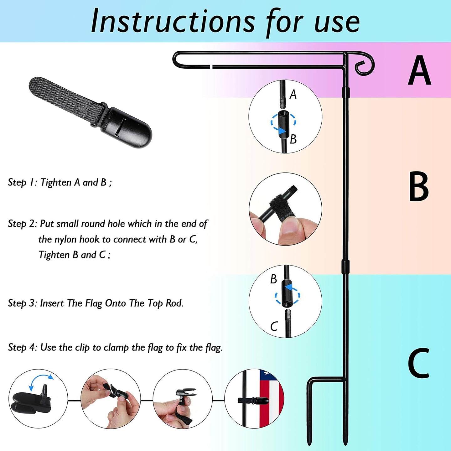 Garden Flag Stand,Metal Garden Flag Holder,Yard Flag Holder For Small Garden Flags 12 x 18,Yard Sign Garden Flag Stake For Outside,Small Garden Flag Pole For Yard With Tiger Clip,Garden Flag Hanger