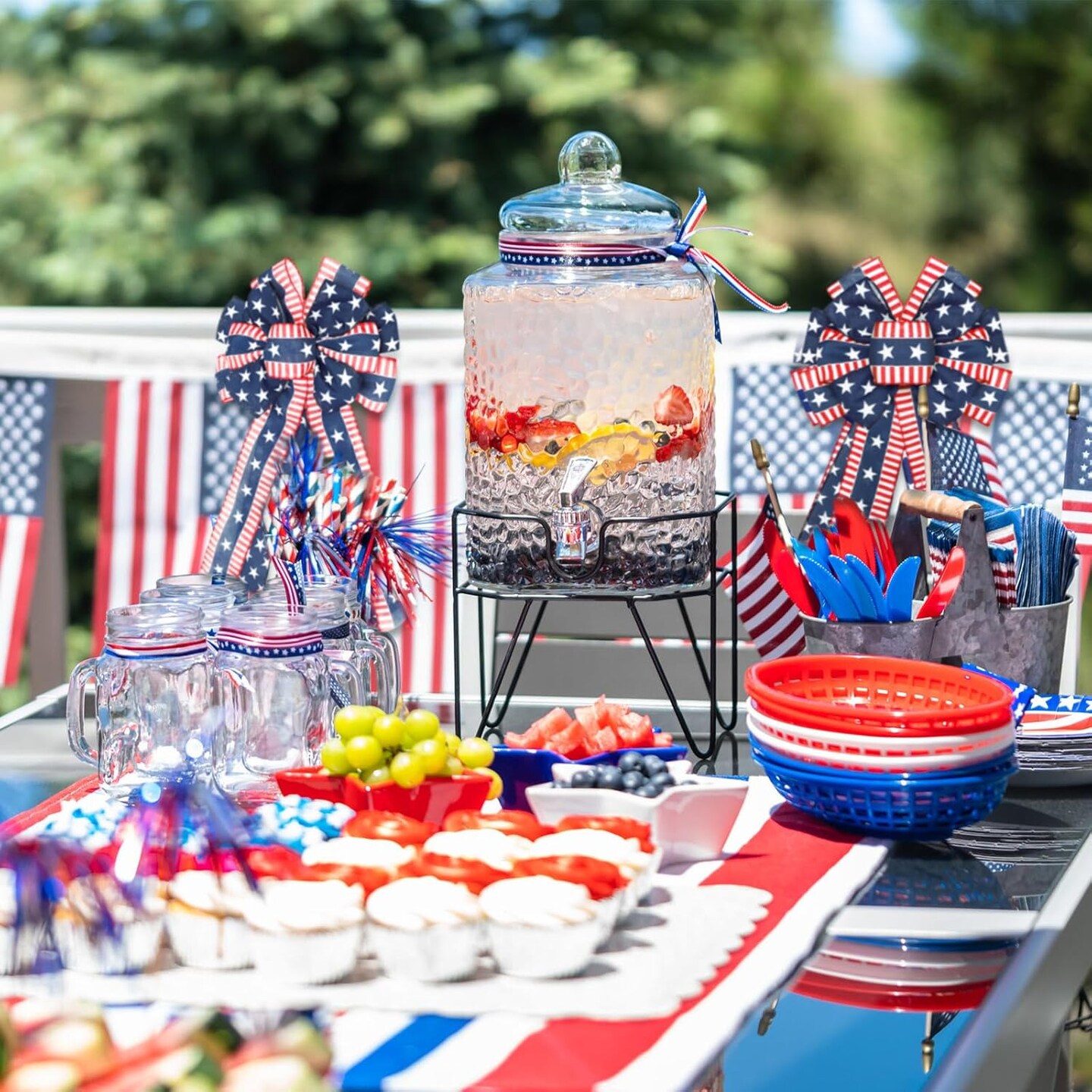 2 Pcs Patriotic Bows Red White Blue 4th of July Decor Stars Wreath Burlap Tree Topper American Flag Bow for Indoor Outdoor Independence Day Memorial Day Party Decoration