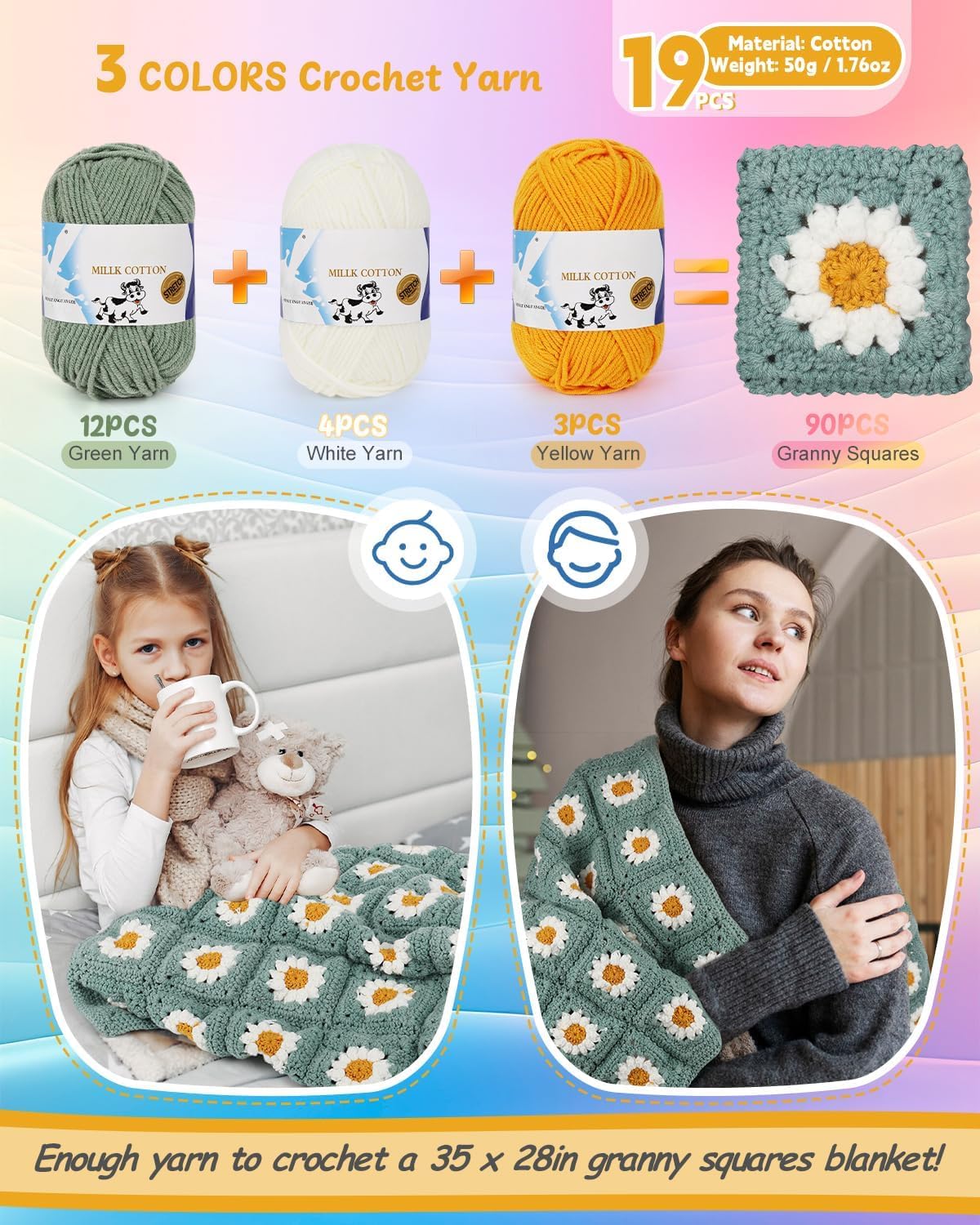 Crochet Starter Kit for Blanket, Granny Squares &#x26; Instructions, Easy Learn to Crochet