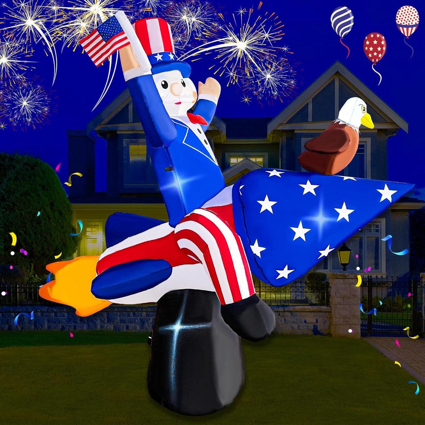 4th of July Inflatables 6 FT Inflatable Uncle Sam and Eagle on Rocket Independence Day Decorations Patriotic 4th of July Blow Up for Home Yard Lawn Garden Indoor Outdoor Memorial Day Decor