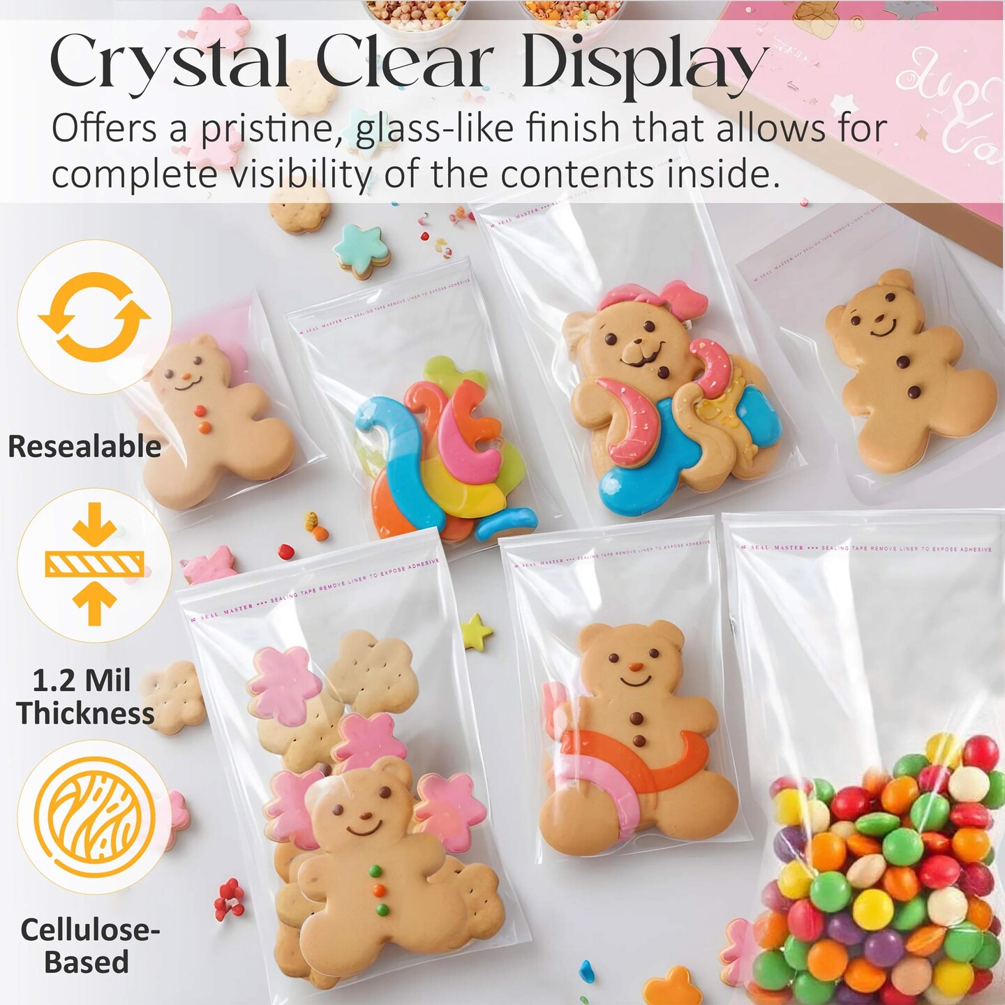 100 Count Clear Cellophane Resealable Bags Self Seal Envelopes 1.2 mil 12&#x22; x 16&#x22; for Gifts and Party Favors