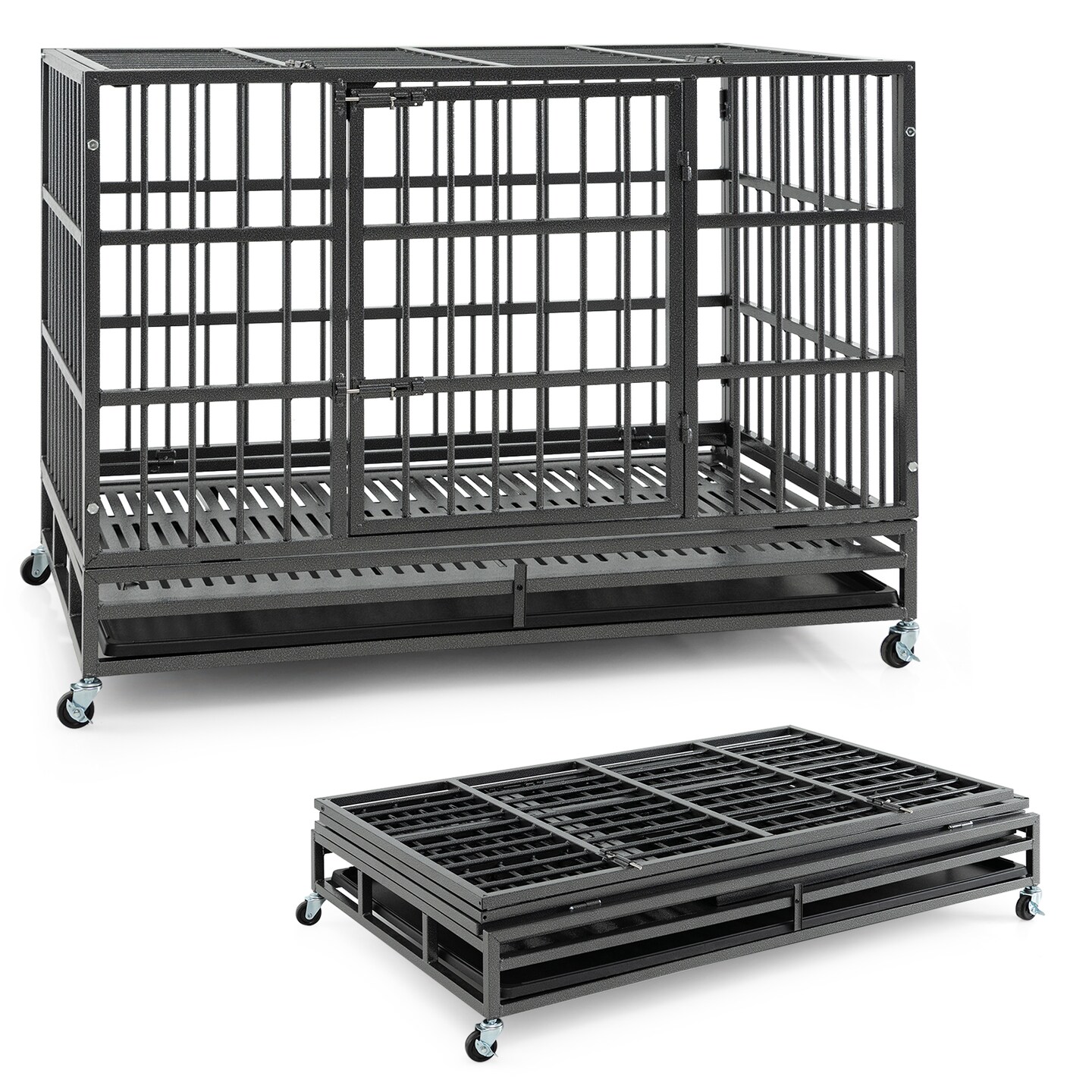 Black Metal Dog Crate Foldable Double Door Rolling Wheels Tray