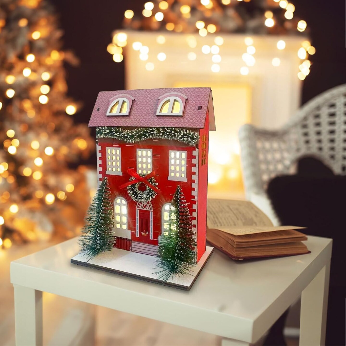 Christmas Village Set, Wooden Snow House with Christma Tree House, LED Lights Glowing Collectible Building for Kids, Adults, Indoor Desktop, Architectural Decorations