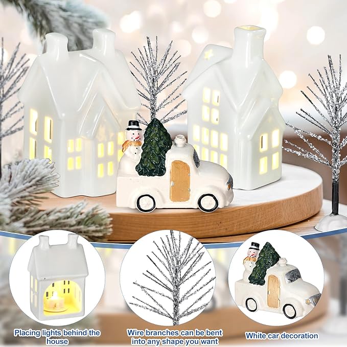 Village Houses Ceramic Christmas Tree Porcelain Plastic Vintage Truck Snow Covered Branch Trees for Xmas Party Table Decorations