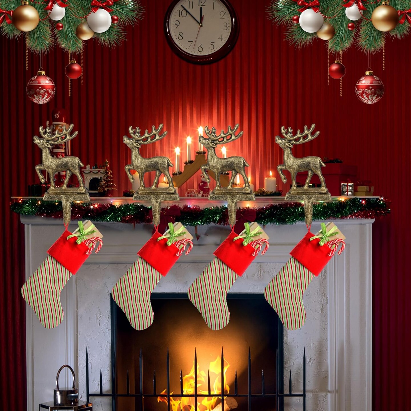 4 Pcs Christmas Stocking Holders Metal Reindeer Pattern Mantel Hooks Anti-Slip Fireplace Hangers Iron Heavy Duty Iron Stocking Holder for Fireplace Xmas Decor