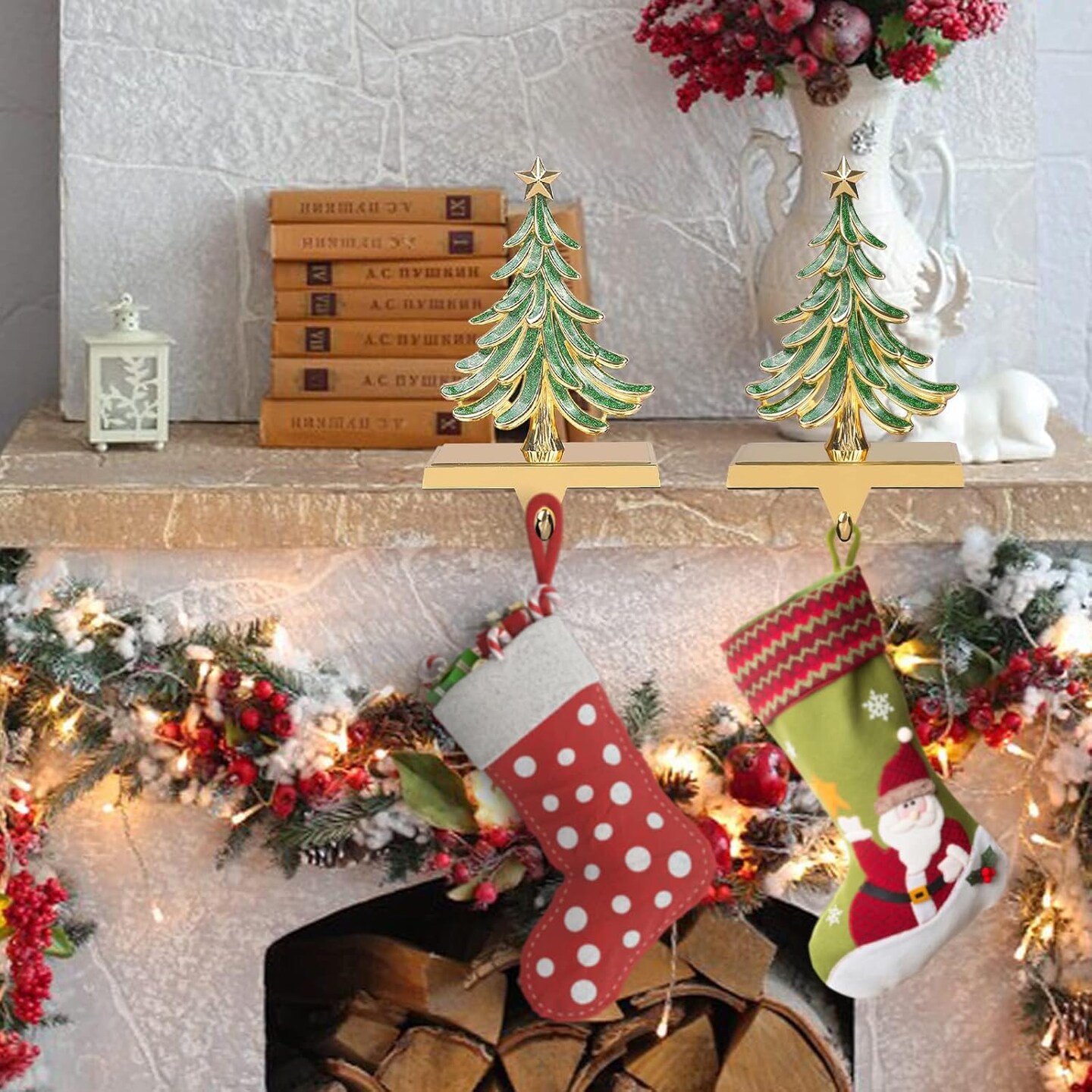 2PC Christmas Stocking Holders for Mantle Glitter Green Xmas Tree Gold Stocking Holder for Fireplace Home Decor Holiday Gifts Christmas Decorations Supplies Non-Skid Durable and Sturdy