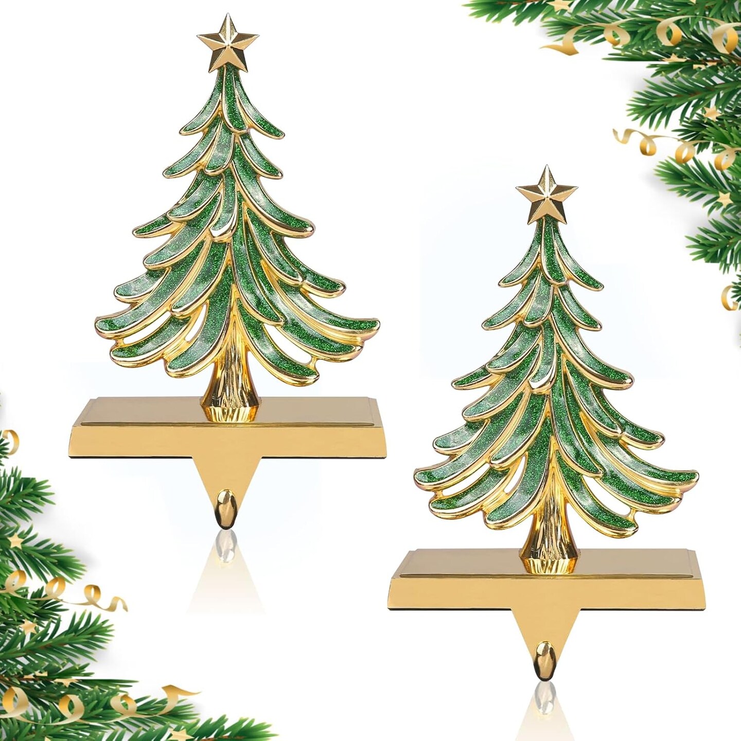 2PC Christmas Stocking Holders for Mantle Glitter Green Xmas Tree Gold Stocking Holder for Fireplace Home Decor Holiday Gifts Christmas Decorations Supplies Non-Skid Durable and Sturdy