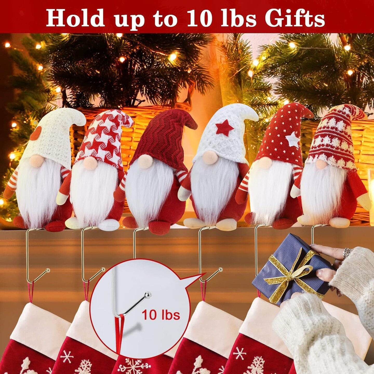 Christmas Stocking Holders for Mantle Set of 6, Gnome Stocking Holders for Mantle, Christmas Stocking Hangers for Mantel Set of 6, Stocking Hooks for Mantle Stocking Hangers Fireplace Stocking Hangers