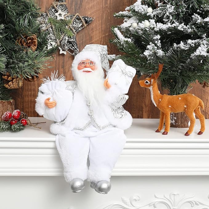 Christmas Sitting Santa Hand Crafted White Silver Coat Santa Claus Figurines Doll with Gift Bag and Presents Christmas Decoration for Home Office Table Xmas Party Ornament Gift