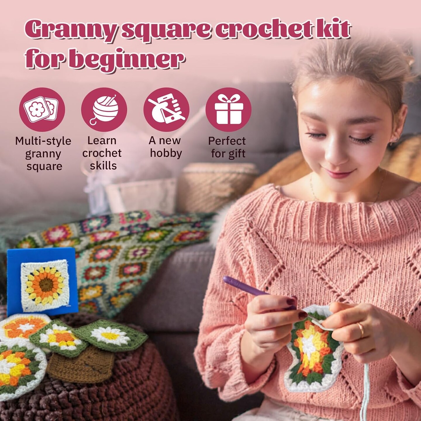 Crochet Kit for Beginners with Step-by-Step Video Tutorials, Granny Squares Beginners Starter Crochet Kit for Women Knitting Kits Learn to Crochet Set (Granny Squares)