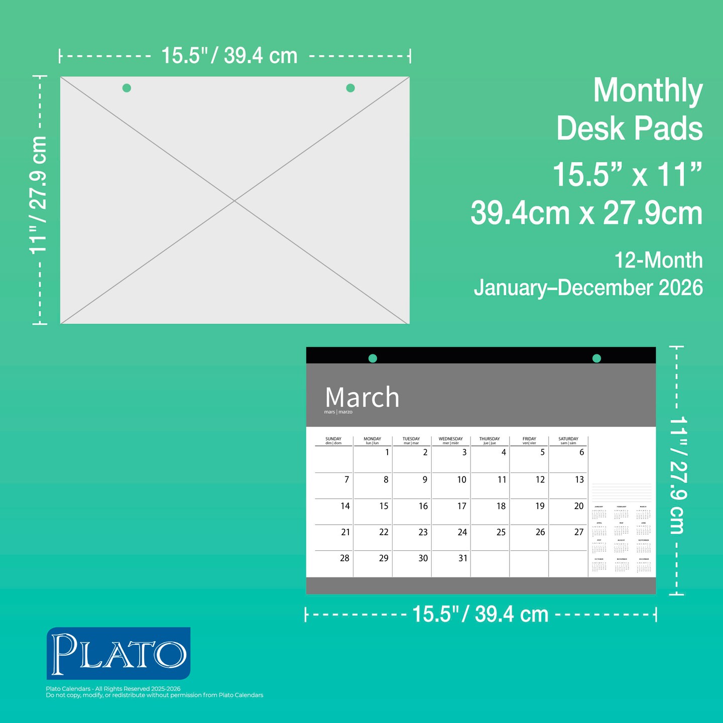 Large Print | 2026 15.5 x 11 Inch Monthly Desk Pad Calendar
