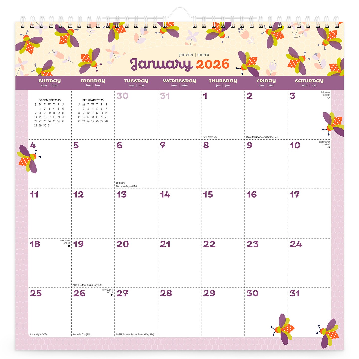 Busy Bees | 2026 12 x 12 Inch (Hanging) Monthly Square Wire-O Calendar | Sticker Sheet
