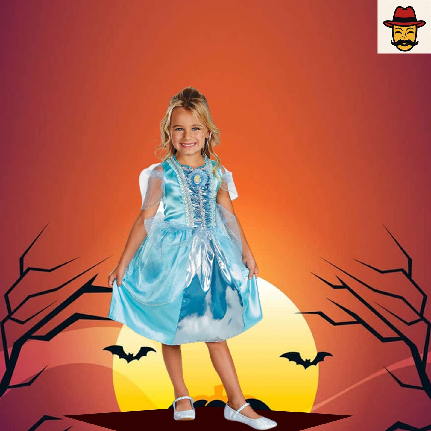 Girls Cinderella Sparkle Costume Blue Satin Dress with Sheer Sleeves