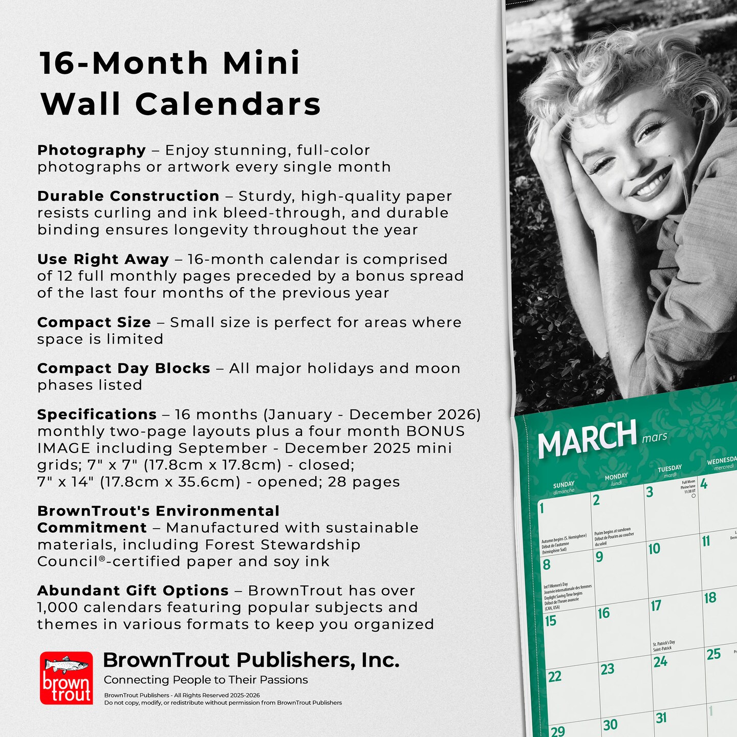 Marilyn Monroe OFFICIAL | 2026 7 x 14 Inch (Hanging) Monthly Mini Wall Calendar | English/French Bilingual