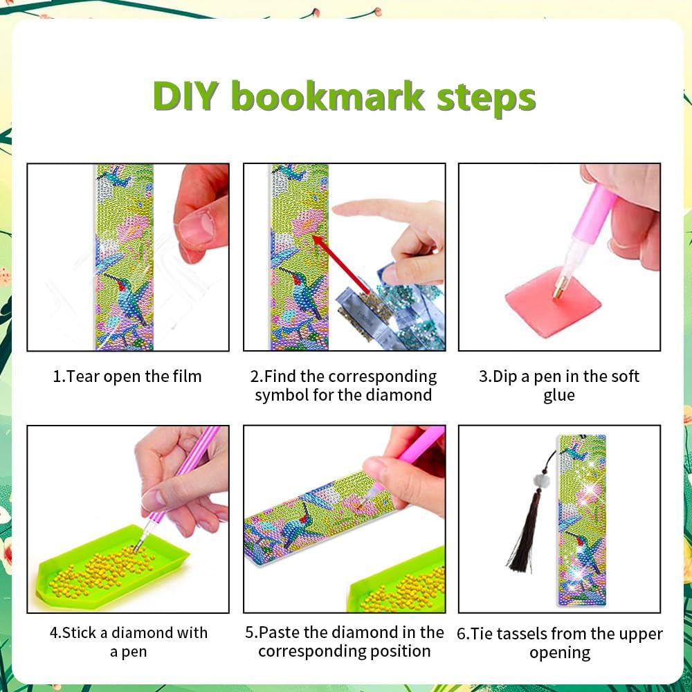 6PCS Diamond Art Bookmarks – Hummingbird DIY Acrylic Diamond Painting Kits for Adults, Book Lovers & Craft Enthusiasts