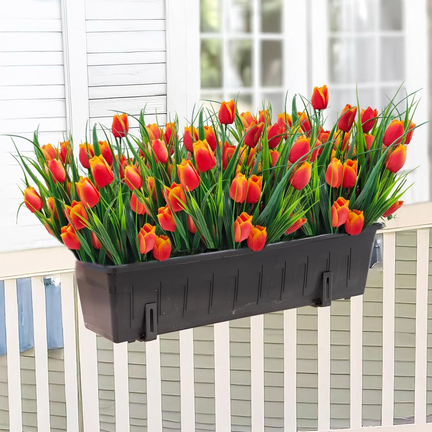 12 Bundles UV-Resistant Artificial Tulips – 60 Heads Silk Fake Flowers with Greenery for Outdoor Planter, Porch, Garden & Patio Decor (Orange)