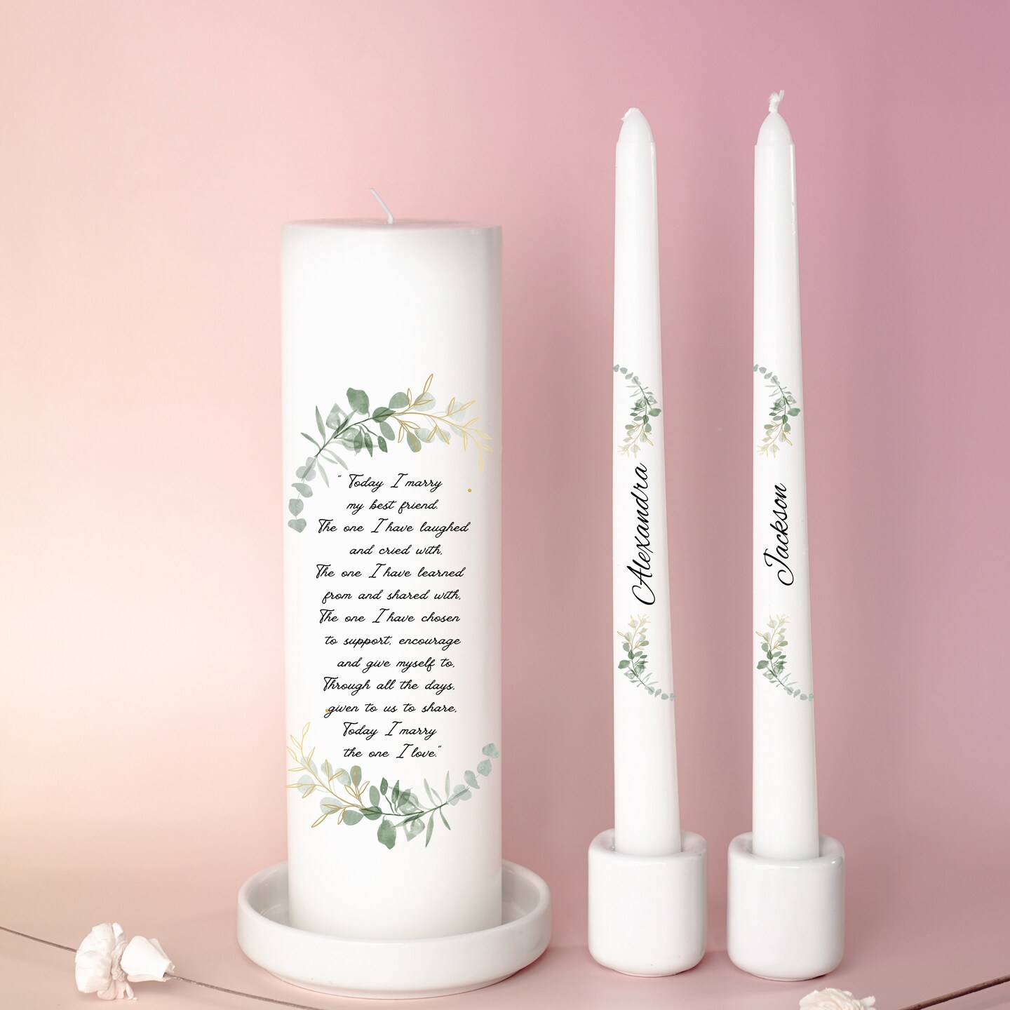 Unity Candles for Wedding, Custom Names Unity Set with Personalized Pillar and Taper Candles with Quote, Religious and Wedding Ceremony