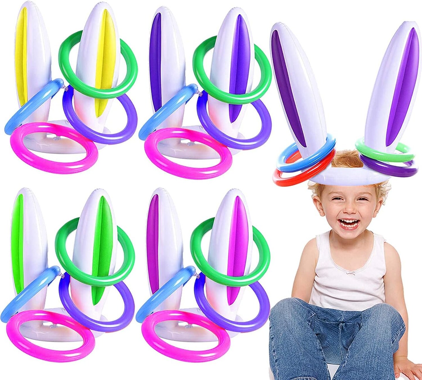 [ 16 Score Rings ] 4 Pack Inflatable Bunny Rabbit Ears Ring Toss Game for Kids Toy Gifts for Carnival Outdoor Game Easter Party Supplies 4 Color Girl Boy Easter Basket Stuffers Hat