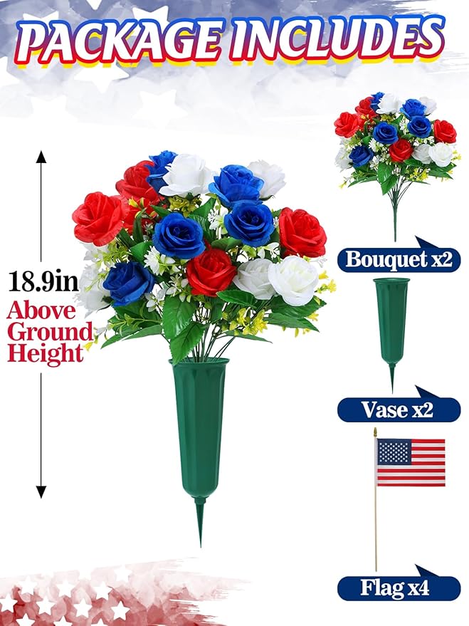 Memorial Day Cemetery Flowers for Grave - Weatherproof Red White Blue Bouquet with American Flags & Vase, Grave Decorations for Veterans Cemetery Headstones (2 Pack)