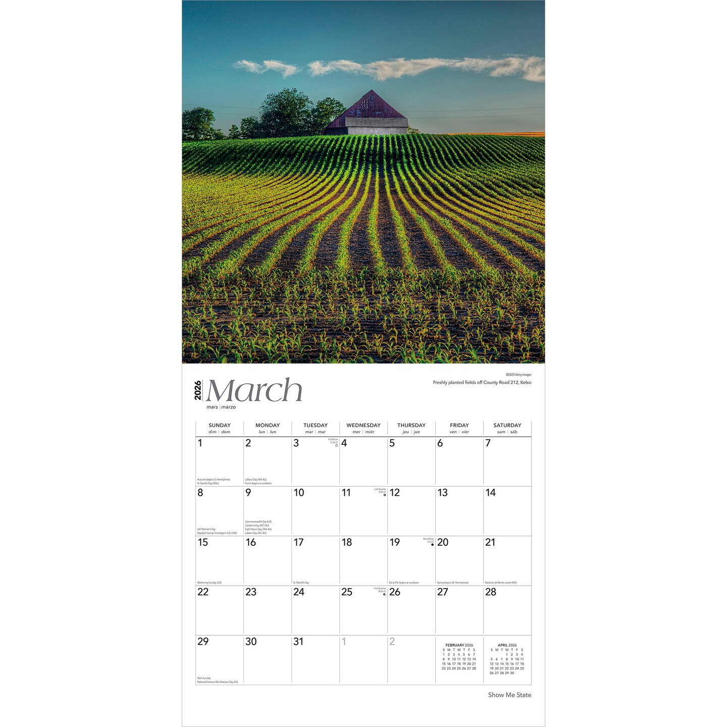Show Me State | Missouri Places | 2026 12 x 24 Inch (Hanging) Monthly Square Wall Calendar | Plastic-Free