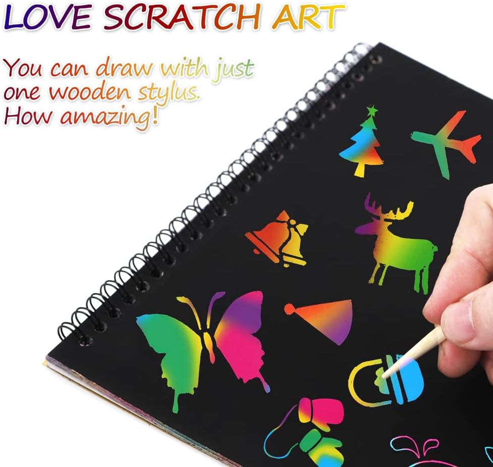 I&Art Scratch Art Books for Kids – Rainbow Scratch Paper Notebooks with Wooden Stylus, Creative Gift for Ages 3+ (Rainbow)