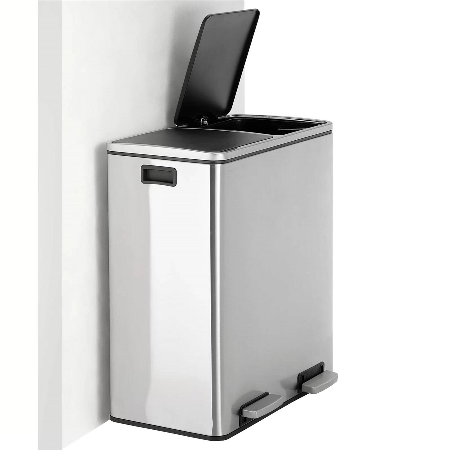 Silver Stainless Steel Dual Compartment Trash Can with Step-On Pedals and Soft Close