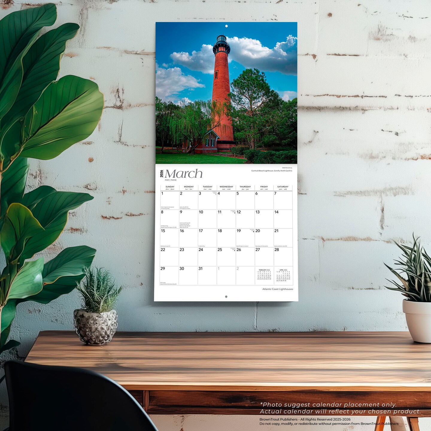 Atlantic Coast Lighthouses | 2026 12 x 24 Inch (Hanging) Monthly Square Wall Calendar | Plastic-Free