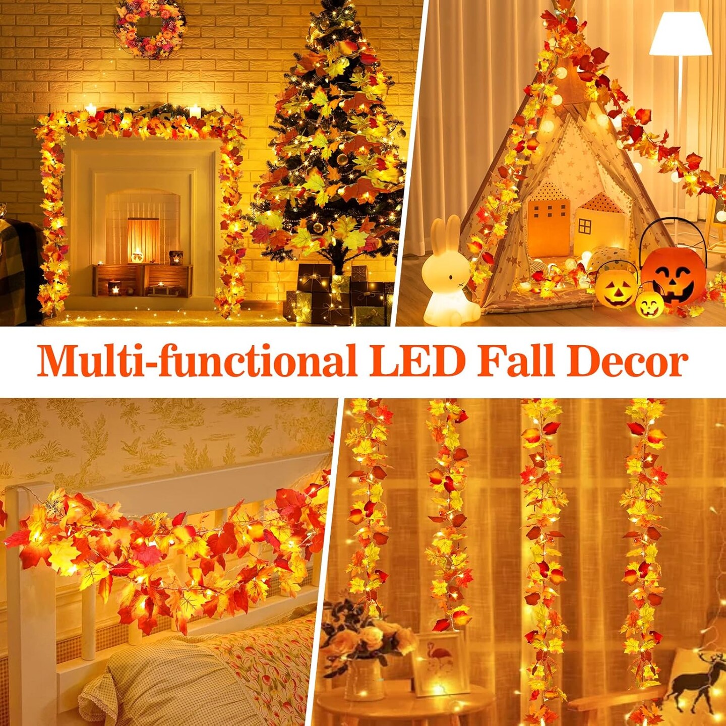 23.6ft Lighted Fall Garland with 80 LED Maple Leaves – Autumn Decorations for Home, Halloween & Thanksgiving. Perfect for Outdoor Harvest Decor.