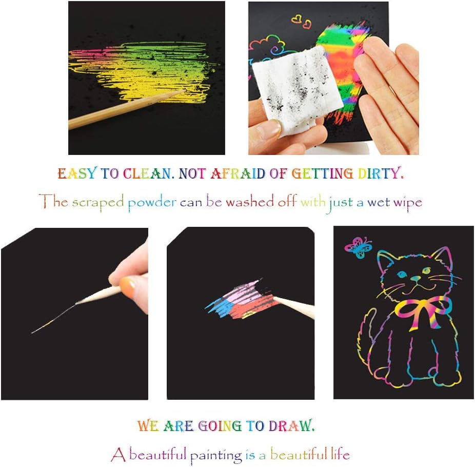 I&Art Scratch Art Books for Kids – Rainbow Scratch Paper Notebooks with Wooden Stylus, Creative Gift for Ages 3+ (Rainbow)