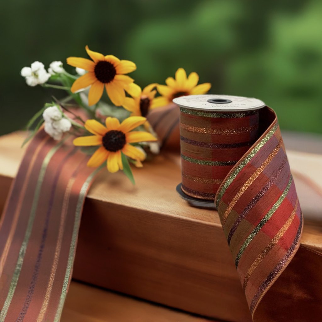 4&#x22; Plaid Glitter Stripe Ribbon: Autumn Orange (5 Yards)