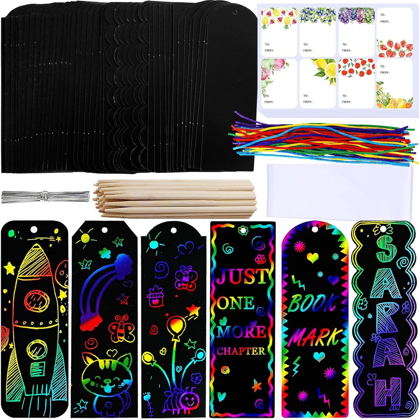 48-Set Rainbow Scratch Art Bookmark Kit – DIY Craft Set with 6 Designs, Scratch Tools, Ribbons & Gift Bags – Party Favors, Classroom Activities, Arts & Crafts for Kids and Students (Black,Clear)