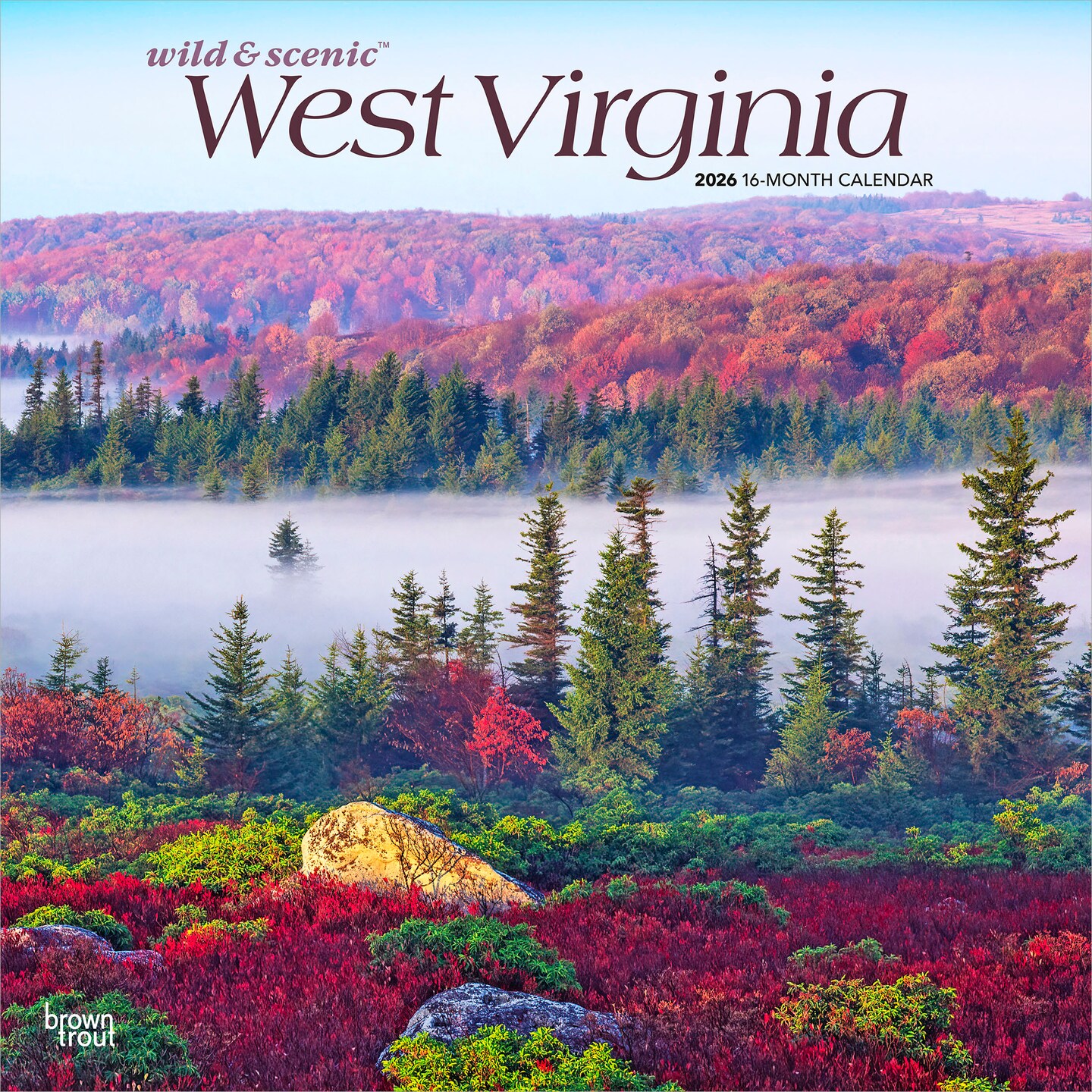 West Virginia Wild &#x26; Scenic | 2026 12 x 24 Inch (Hanging) Monthly Square Wall Calendar | Plastic-Free
